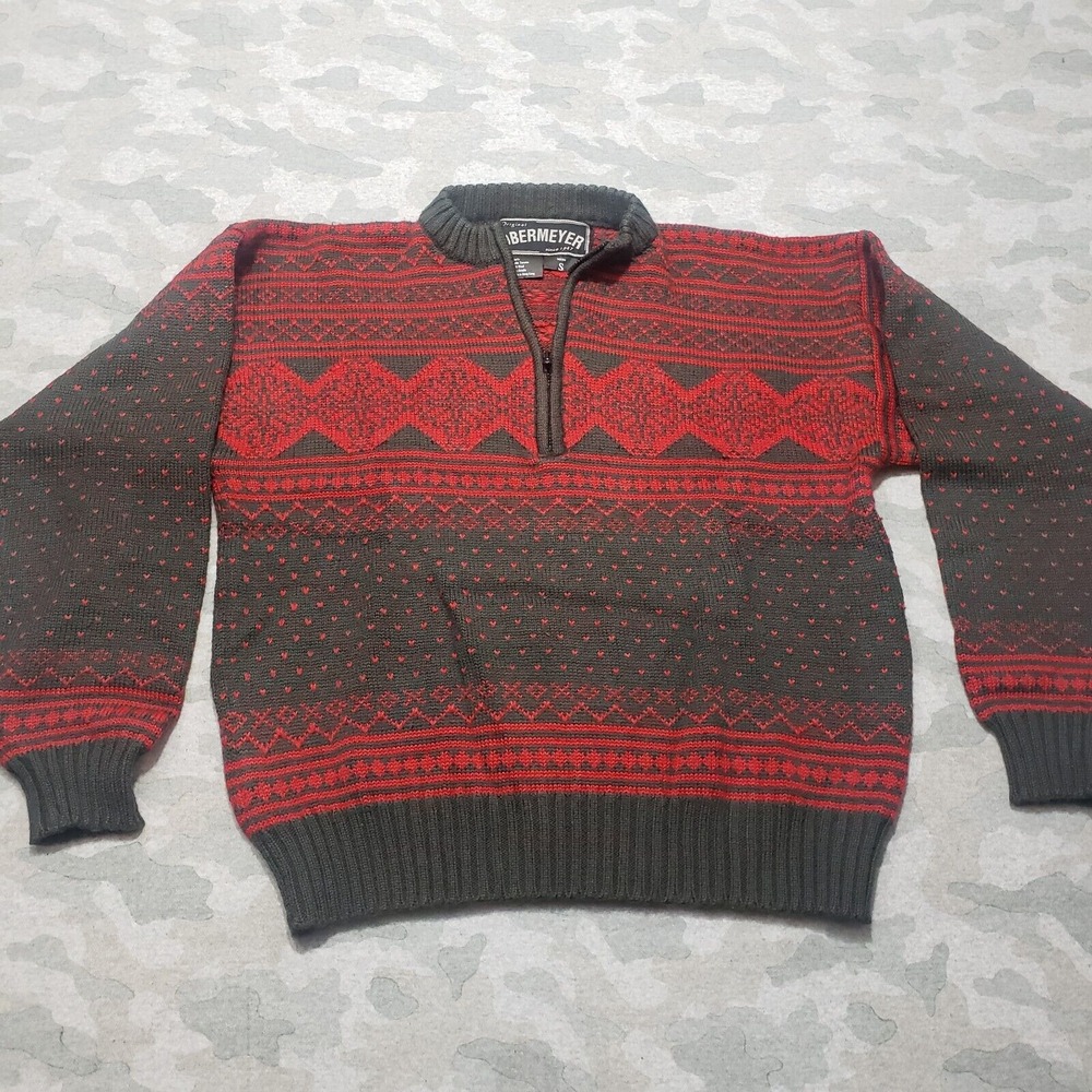 Vintage Obermeyer Sweater Men's Small Gray Wool Fair Isle Birds‎ Eye